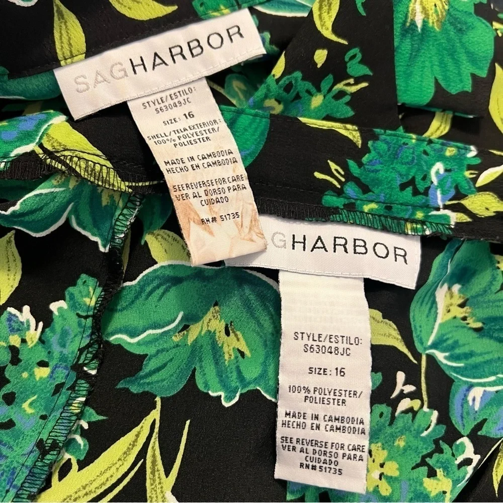 Vintage Sag Harbor Women's Size 16 Skirt Set Black Green Blue Tropical Floral